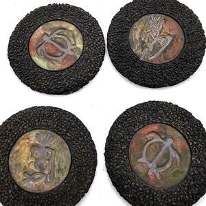 Ben Diller Raku Lava Coasters Set Of 4 Signed Hawaii Petroglyph Ceramic Art